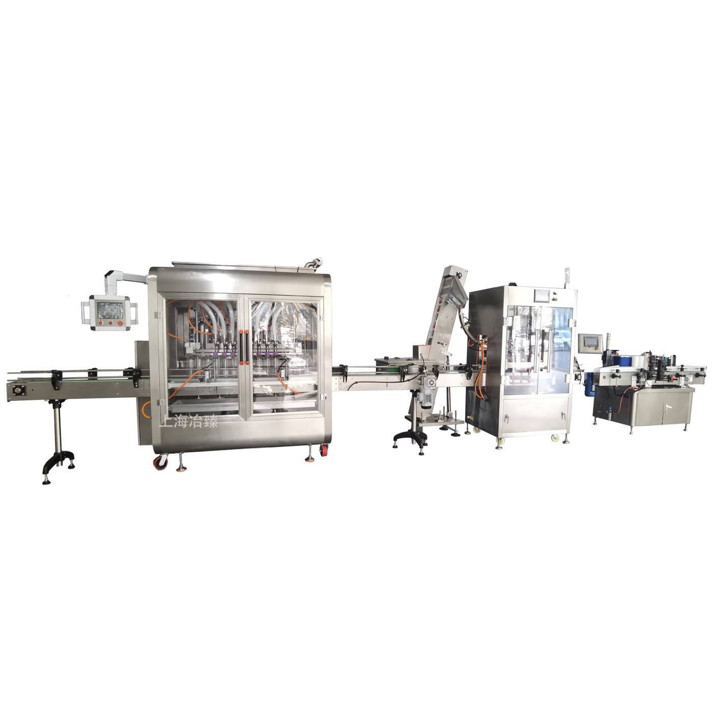 全自动伺服活塞灌装、上盖、旋盖、贴标生产线
